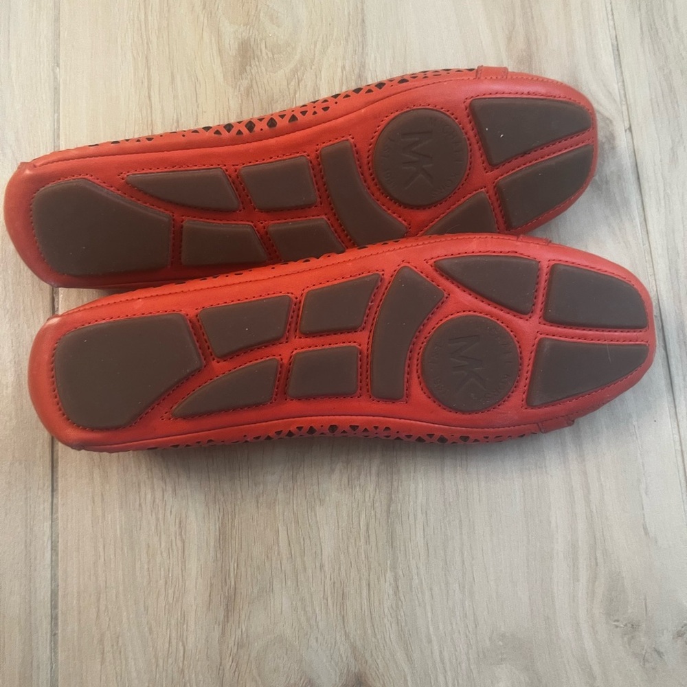 Michael Kors Coral-Red Perforated Leather Ballet Flats with Gold MK Emblem - Picture 3 of 3